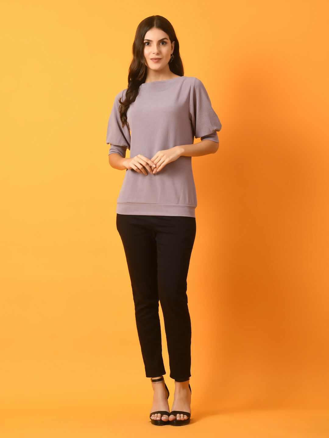 Myshka Women's Lavender Solid Boat Neck Party Top | Grocsy