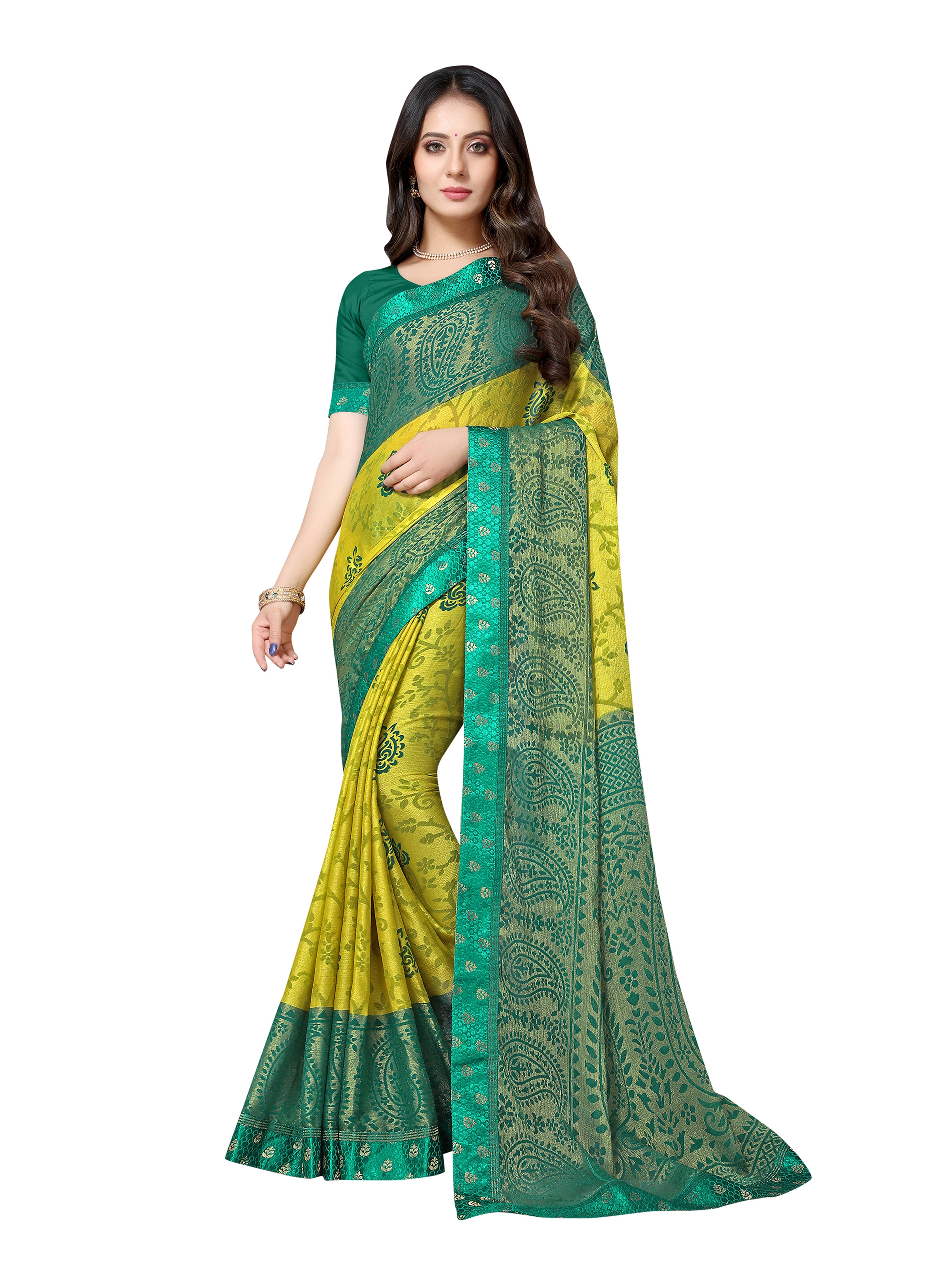 Vamika Light &Dark Green Designer Brasso Sarees With Exclusive Soft Banarsi Brocket Lace | Grocsy