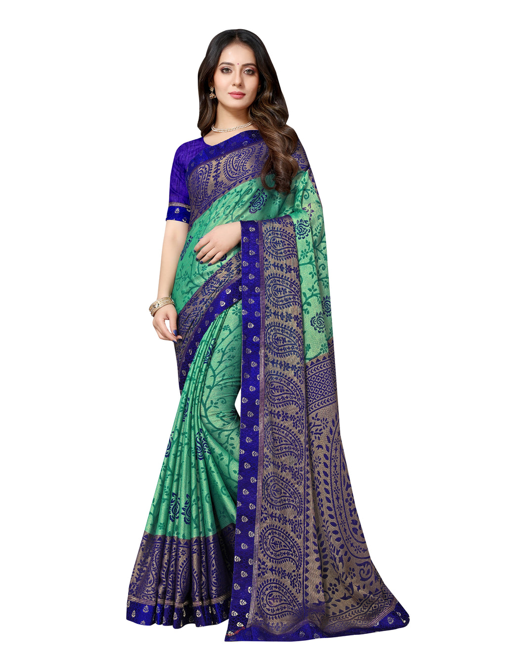 Vamika Rama&Blue Designer Brasso Sarees With Exclusive Soft Banarsi Brocket Lace | Grocsy