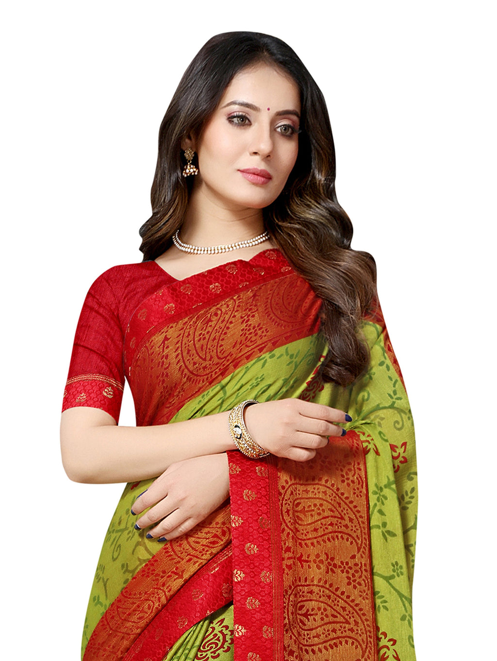 Vamika Green & Red Designer Brasso Sarees With Exclusive Soft Banarsi Brocket Lace | Grocsy