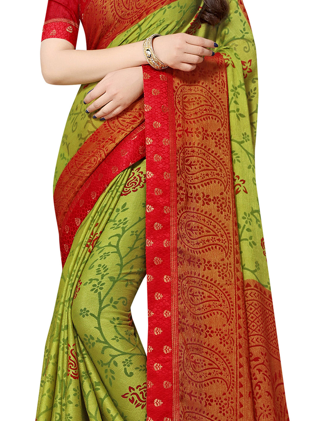 Vamika Green & Red Designer Brasso Sarees With Exclusive Soft Banarsi Brocket Lace | Grocsy