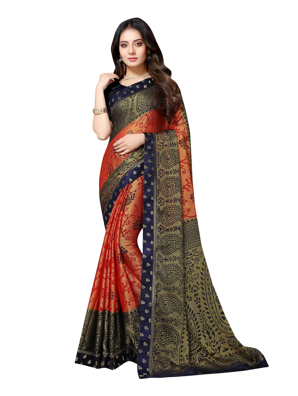 Vamika Orange & Navy Blue Designer Brasso Sarees With Exclusive Soft Banarsi Brocket Lace | Grocsy