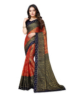 Vamika Orange & Navy Blue Designer Brasso Sarees With Exclusive Soft Banarsi Brocket Lace | Grocsy