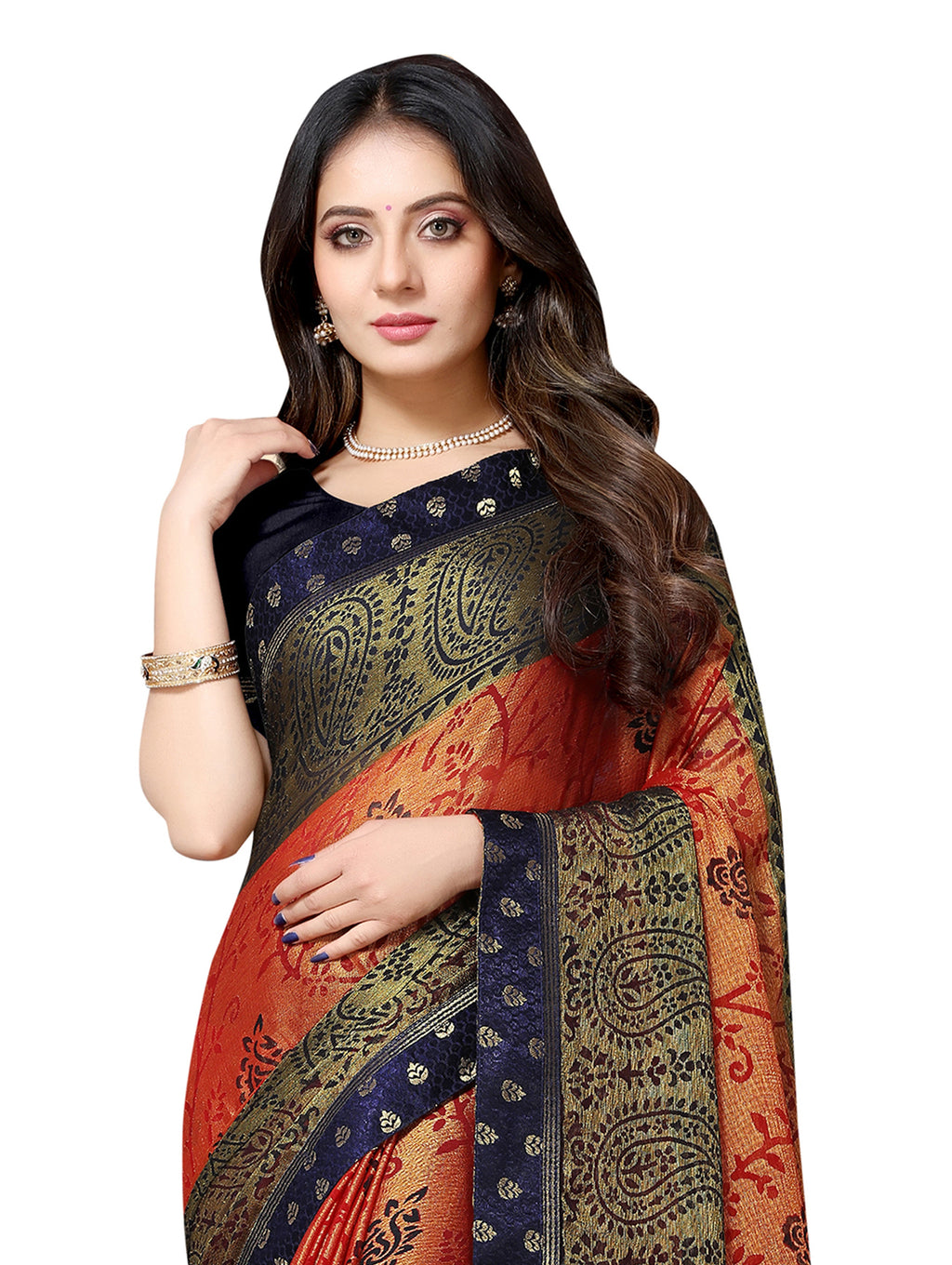 Vamika Orange & Navy Blue Designer Brasso Sarees With Exclusive Soft Banarsi Brocket Lace | Grocsy