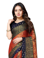 Vamika Orange & Navy Blue Designer Brasso Sarees With Exclusive Soft Banarsi Brocket Lace | Grocsy
