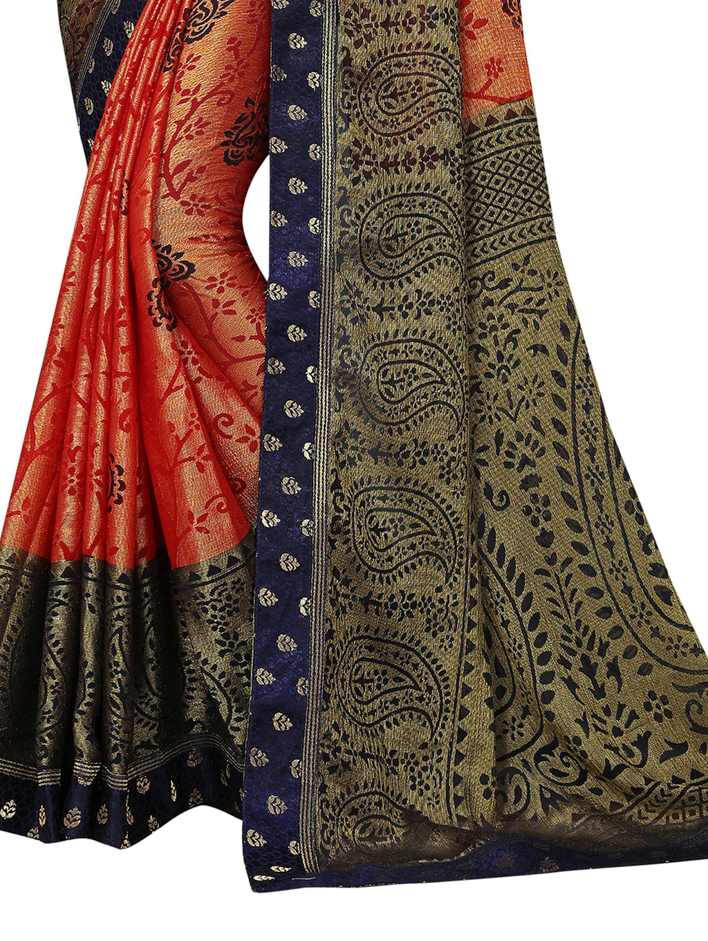 Vamika Orange & Navy Blue Designer Brasso Sarees With Exclusive Soft Banarsi Brocket Lace | Grocsy