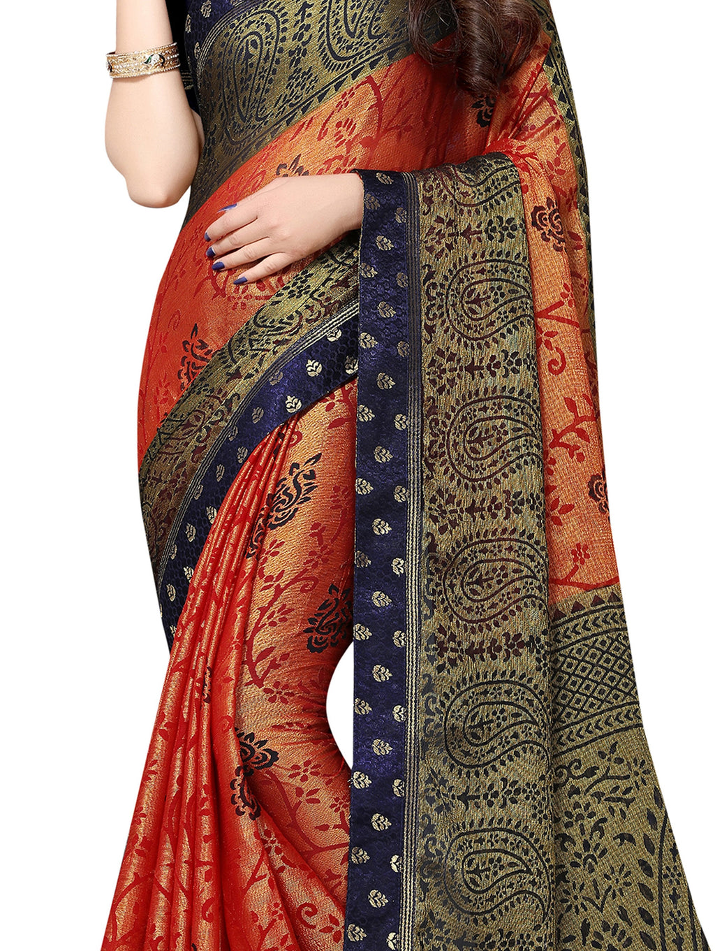 Vamika Orange & Navy Blue Designer Brasso Sarees With Exclusive Soft Banarsi Brocket Lace | Grocsy