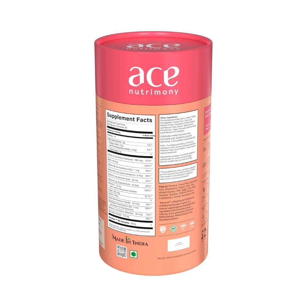 Ace Nutrimony Biotin Balanced Beauty Hair Gummies for Skin and Nails with Clinically Proven Keranat, Biotin - Strawberry | Grocsy