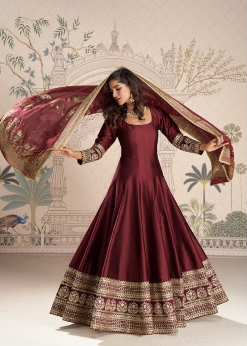 Aarshi Fashions Maroon Silk Wedding Gowns | Grocsy