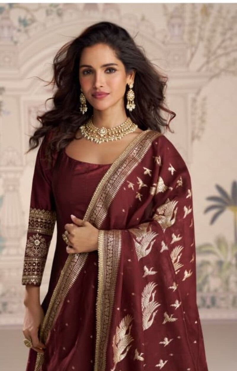 Aarshi Fashions Maroon Silk Wedding Gowns | Grocsy