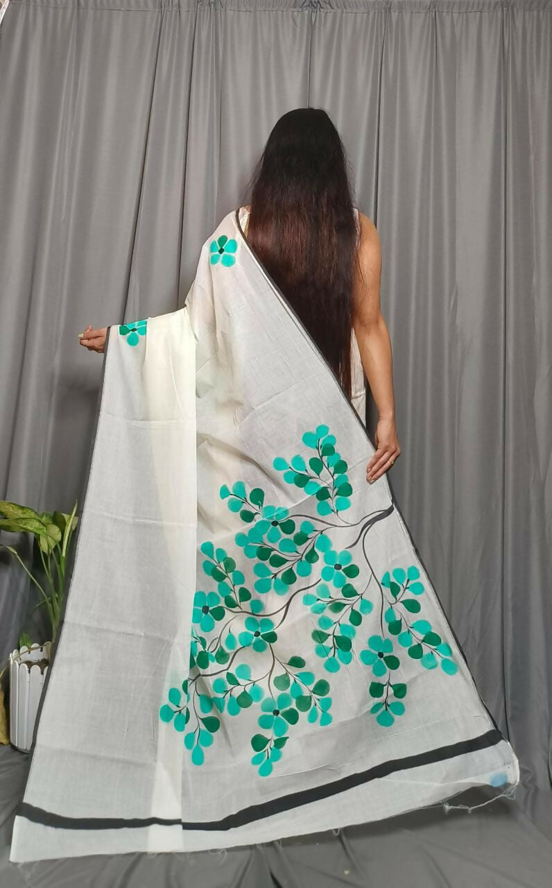 Exclusive Collection Beautiful White Green Pure Cotton Hand Print Handloom Saree With Running Blouse Piece | Grocsy