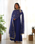 Lorenvalley Fashion Women Georgette Anarkali Gown Duppta Full Set With Pent Ready To Wear - Blue | Grocsy