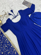 Lorenvalley Fashion Women Georgette Anarkali Gown Duppta Full Set With Pent Ready To Wear - Blue | Grocsy