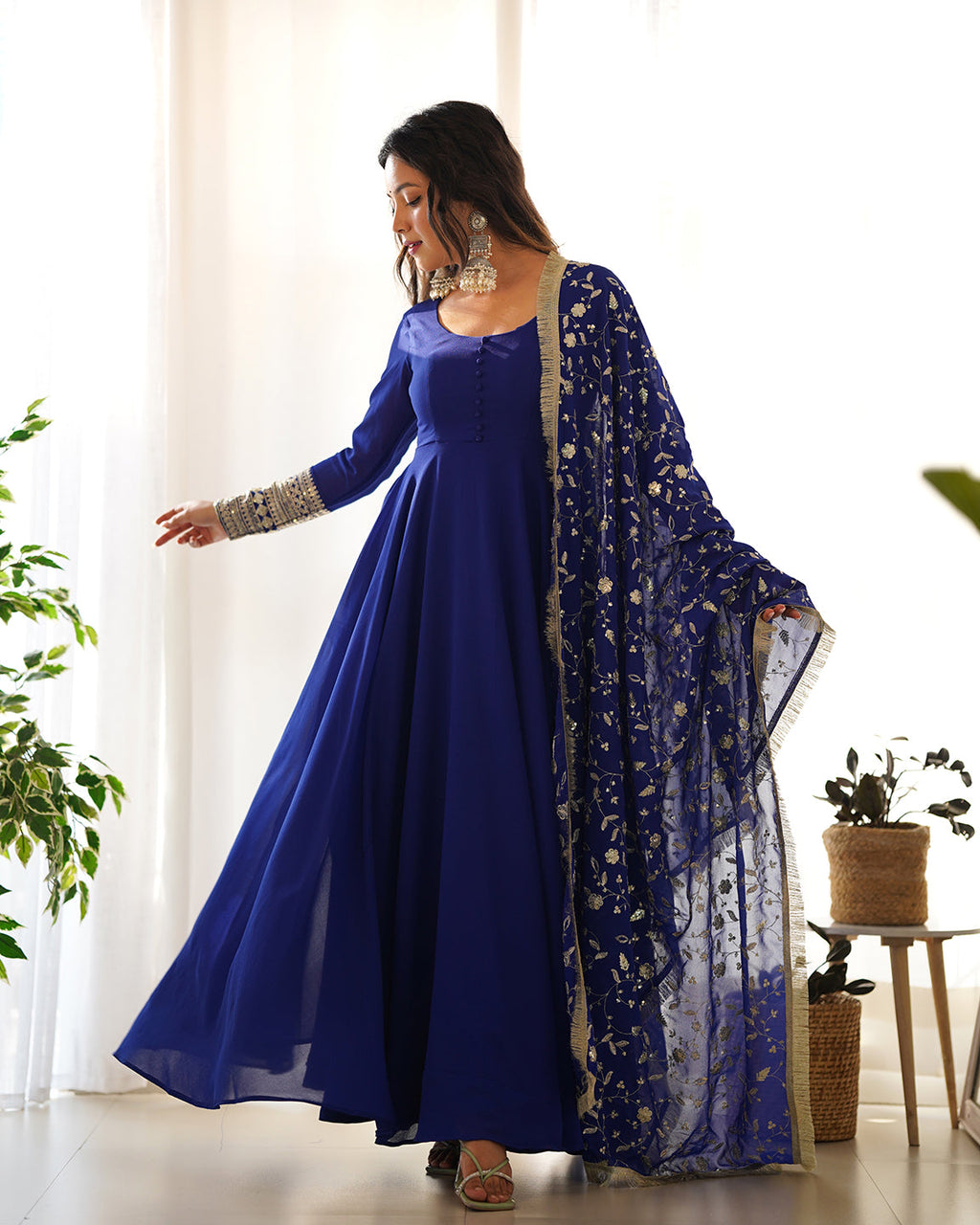 Lorenvalley Fashion Women Georgette Anarkali Gown Duppta Full Set With Pent Ready To Wear - Blue | Grocsy