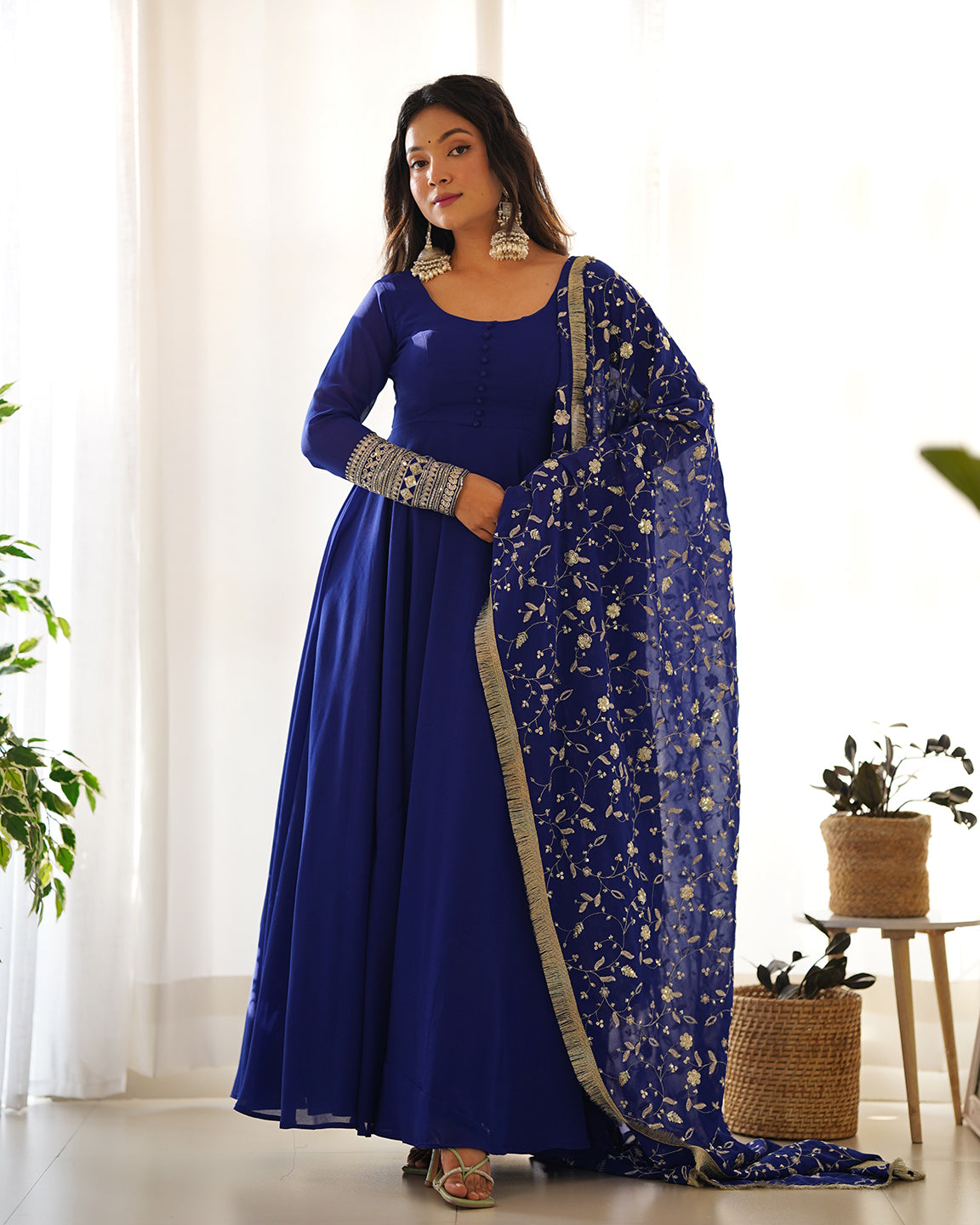 Lorenvalley Fashion Women Georgette Anarkali Gown Duppta Full Set With Pent Ready To Wear - Blue | Grocsy