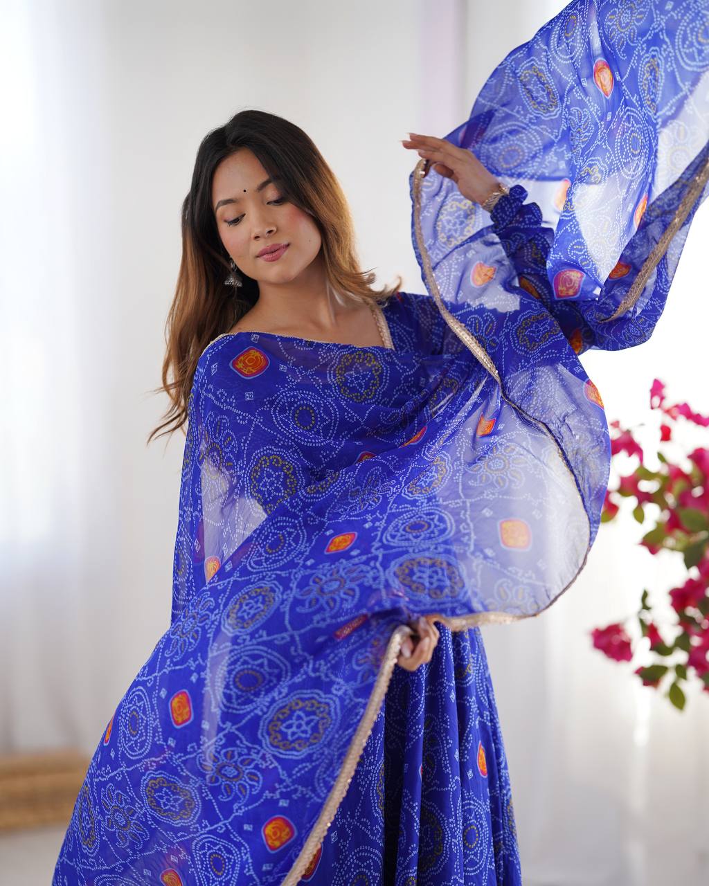 Evanik Royal Blue Pure Lightweight Chiffon Bandhej Design Anarkali Pant With Dupatta | Grocsy