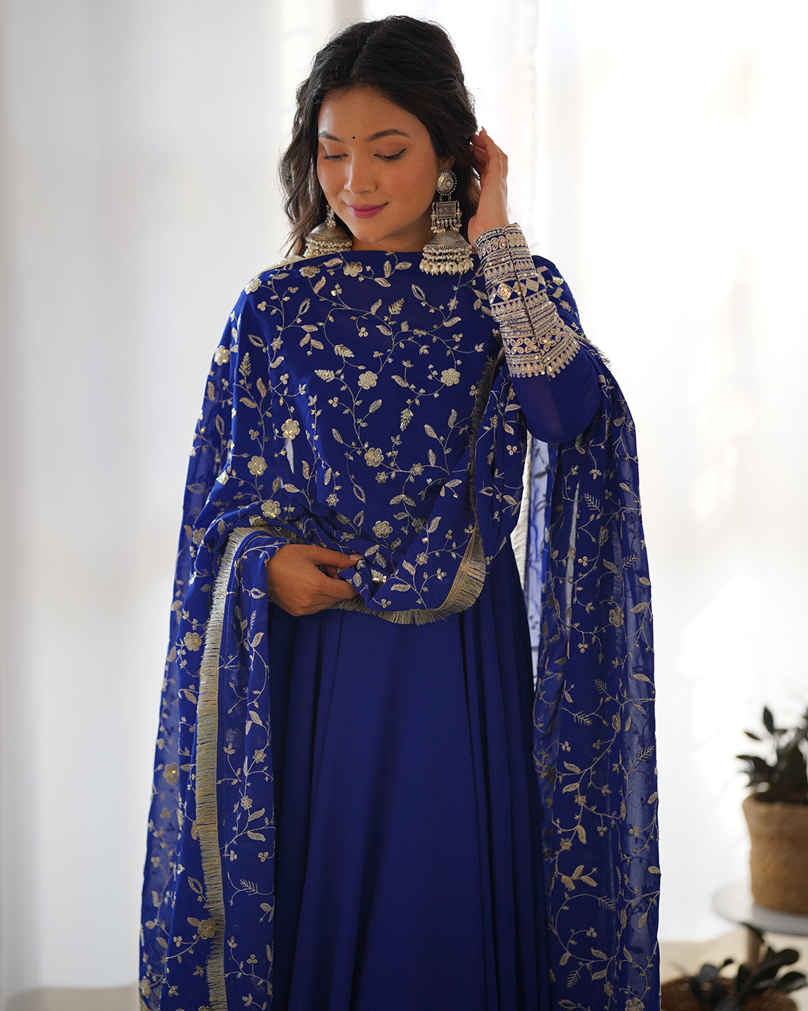 Lorenvalley Fashion Women Georgette Anarkali Gown Duppta Full Set With Pent Ready To Wear - Blue | Grocsy