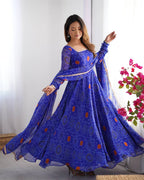 Evanik Royal Blue Pure Lightweight Chiffon Bandhej Design Anarkali Pant With Dupatta | Grocsy
