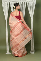 Very Much Indian Handloom Cotton Silk Maheshwari Saree With Sleek Golden Border - Beige | Grocsy