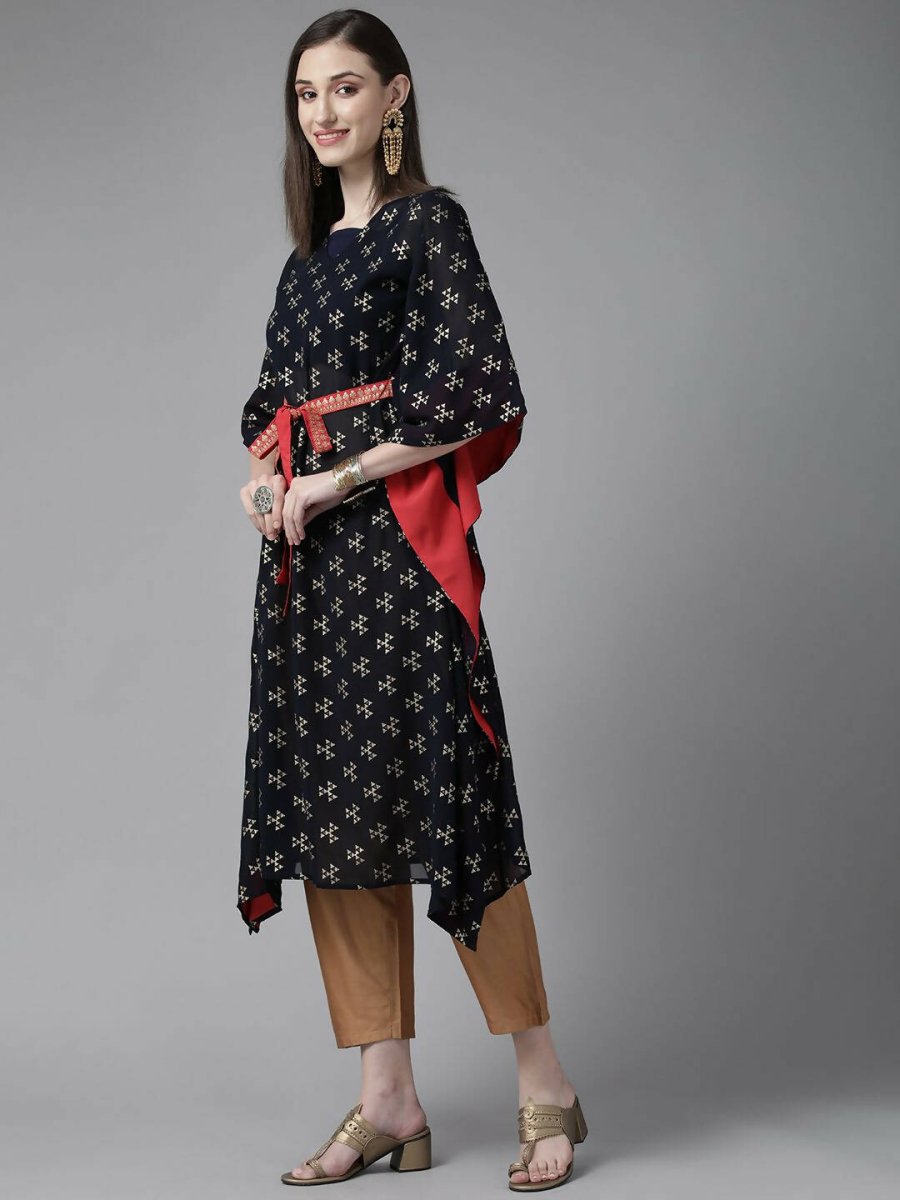 Ahalyaa Women Navy Blue Georgette Gold Printed Kaftan Kurta | Grocsy