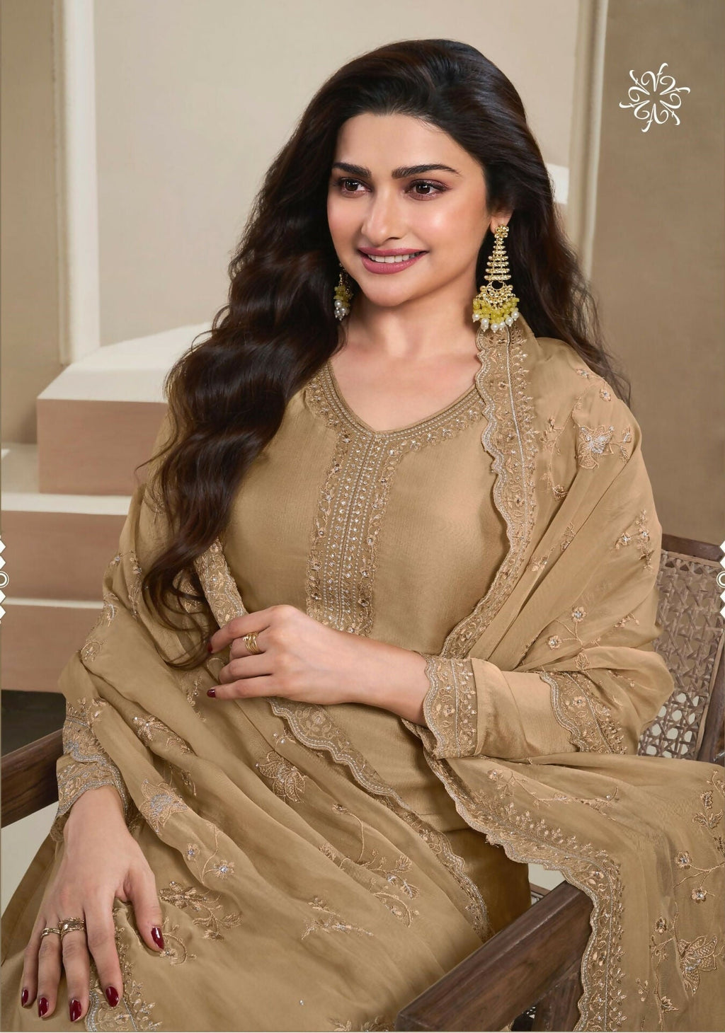 Anaita Brown Heavy Natural Crepe Stitched Suit with Embroidery & Zarkhan Work | Grocsy