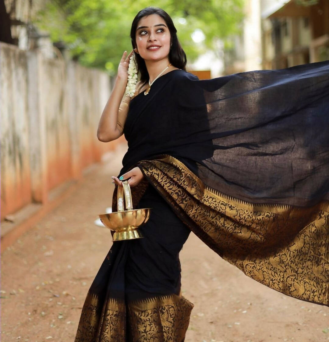 DEIANA'S Beautiful Designer Golden zari Soft Lichi Silk Saree - Black | Grocsy