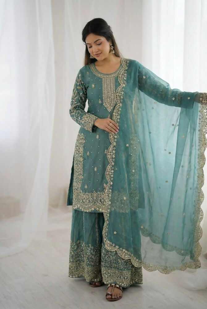 Teeya Creation Turquoise Color Fendy Silk Embroidery Work Wedding Wear Salwar Suit | Grocsy