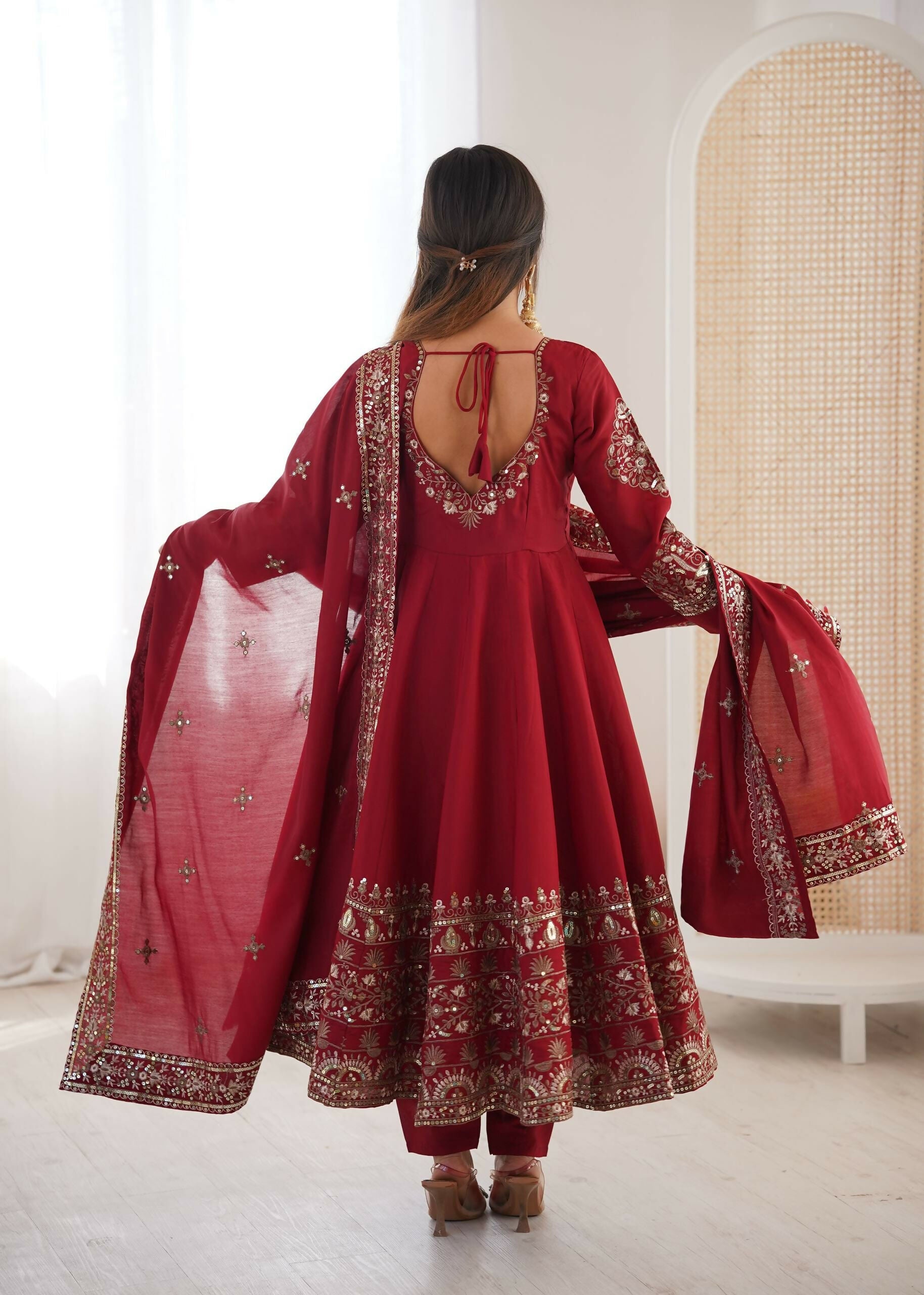 Teeya Creation Maroon Roman Silk Embroidery Work Party Wear Long Gown | Grocsy