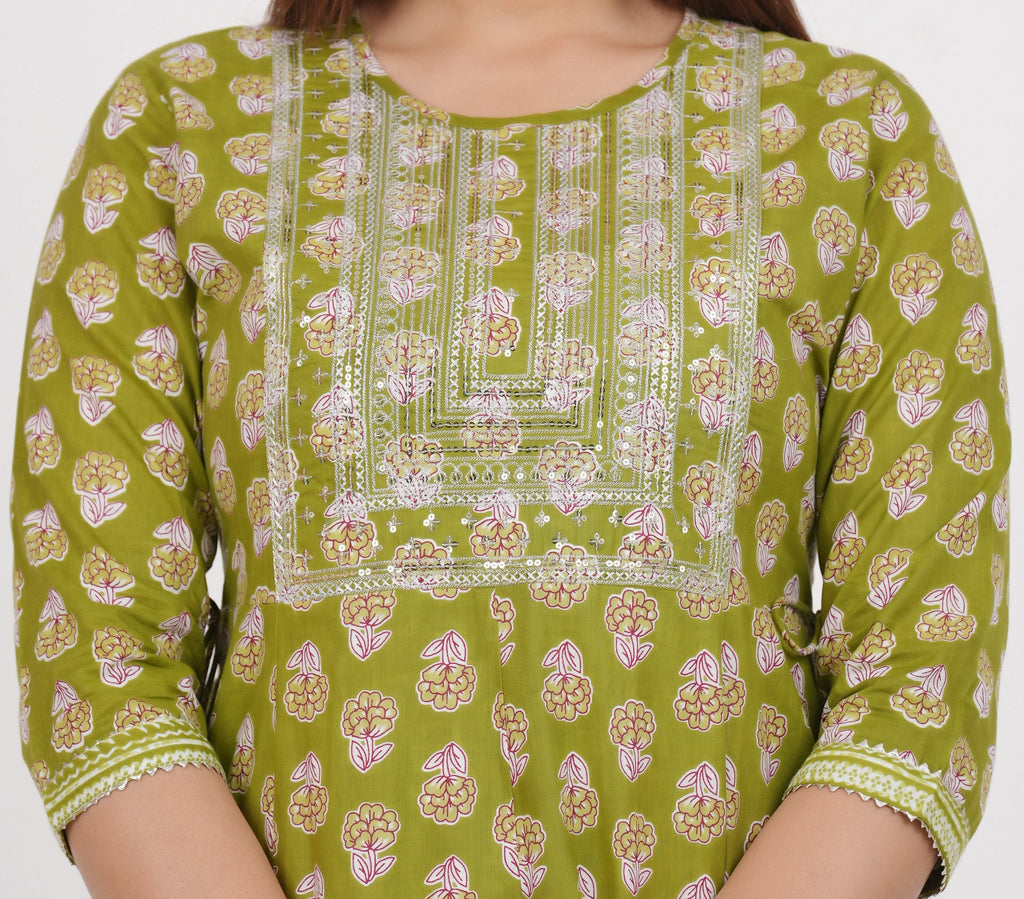 House of RP Women's Green Cotton Floral Yoke Embroidered Anarkali Kurta & Pant Set | Grocsy