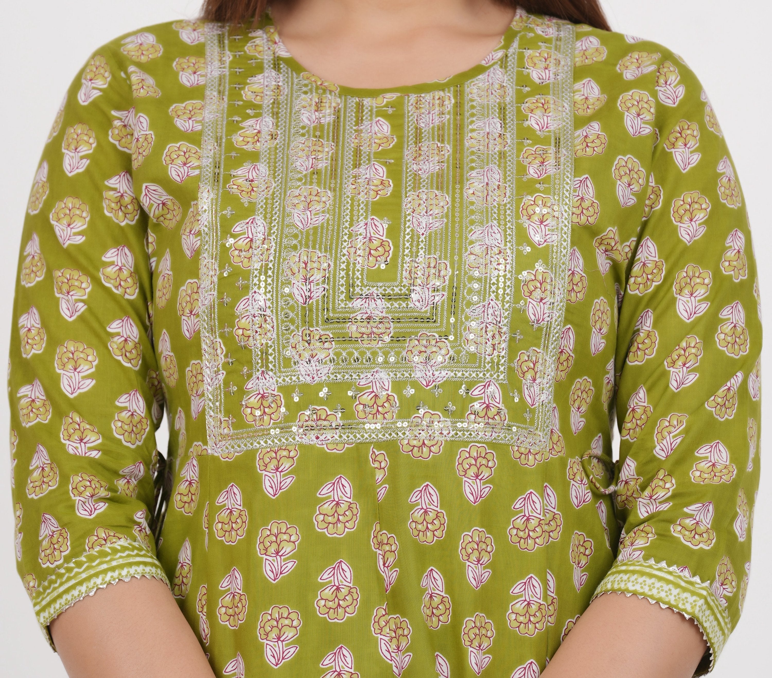 House of RP Women's Green Cotton Floral Yoke Embroidered Anarkali Kurta & Pant Set | Grocsy