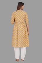 House of RP Women's Yellow Cotton Laheriya Print Embroidered Flared Kurta | Grocsy