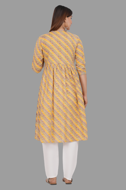 House of RP Women's Yellow Cotton Laheriya Print Embroidered Flared Kurta | Grocsy