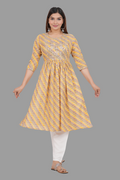 House of RP Women's Yellow Cotton Laheriya Print Embroidered Flared Kurta | Grocsy