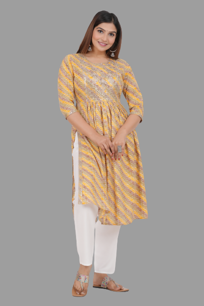 House of RP Women's Yellow Cotton Laheriya Print Embroidered Flared Kurta | Grocsy