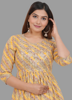 House of RP Women's Yellow Cotton Laheriya Print Embroidered Flared Kurta | Grocsy