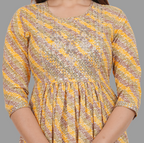 House of RP Women's Yellow Cotton Laheriya Print Embroidered Flared Kurta | Grocsy
