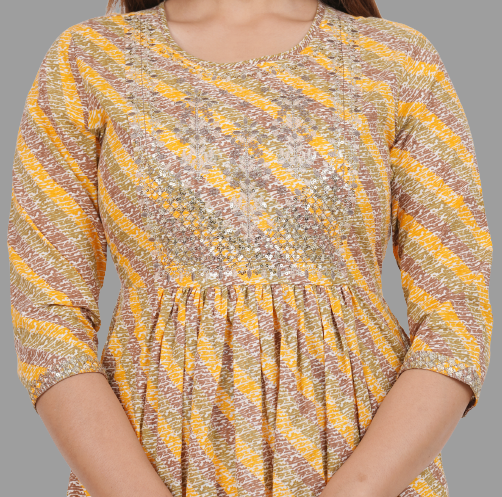 House of RP Women's Yellow Cotton Laheriya Print Embroidered Flared Kurta | Grocsy
