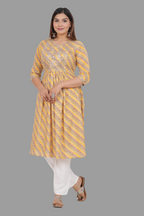 House of RP Women's Yellow Cotton Laheriya Print Embroidered Flared Kurta | Grocsy