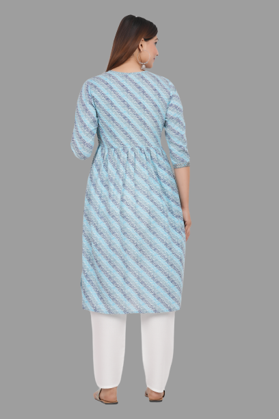 House of RP Women's SkyBlue Cotton Laheriya Print Embroidered Flared Kurta | Grocsy