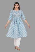 House of RP Women's SkyBlue Cotton Laheriya Print Embroidered Flared Kurta | Grocsy