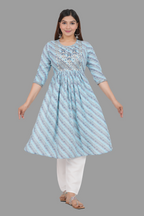 House of RP Women's SkyBlue Cotton Laheriya Print Embroidered Flared Kurta | Grocsy