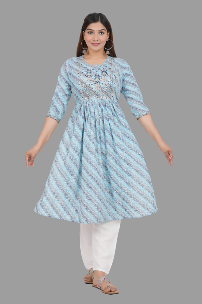 House of RP Women's SkyBlue Cotton Laheriya Print Embroidered Flared Kurta | Grocsy