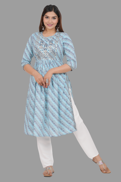 House of RP Women's SkyBlue Cotton Laheriya Print Embroidered Flared Kurta | Grocsy
