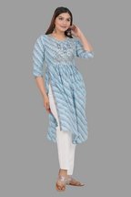 House of RP Women's SkyBlue Cotton Laheriya Print Embroidered Flared Kurta | Grocsy