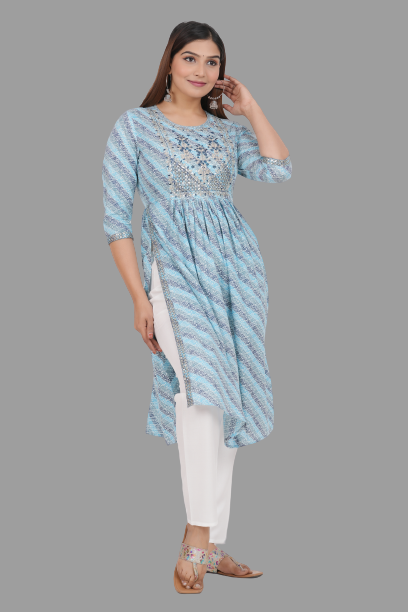 House of RP Women's SkyBlue Cotton Laheriya Print Embroidered Flared Kurta | Grocsy