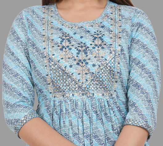 House of RP Women's SkyBlue Cotton Laheriya Print Embroidered Flared Kurta | Grocsy
