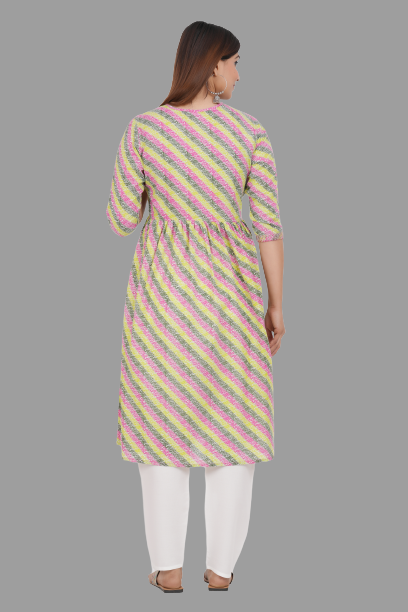 House of RP Women's Light Green Cotton Laheriya Print Embroidered Flared Kurta | Grocsy