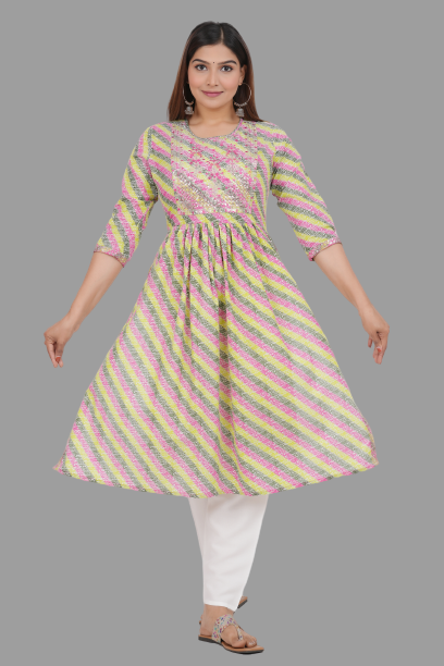 House of RP Women's Light Green Cotton Laheriya Print Embroidered Flared Kurta | Grocsy