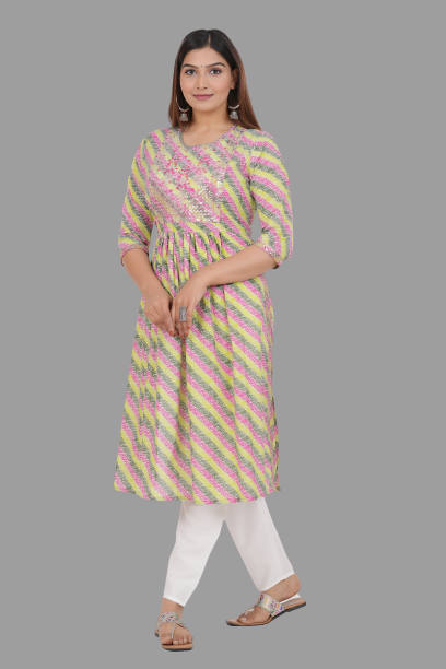 House of RP Women's Light Green Cotton Laheriya Print Embroidered Flared Kurta | Grocsy