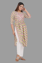 House of RP Women's Light Green Cotton Laheriya Print Embroidered Flared Kurta | Grocsy